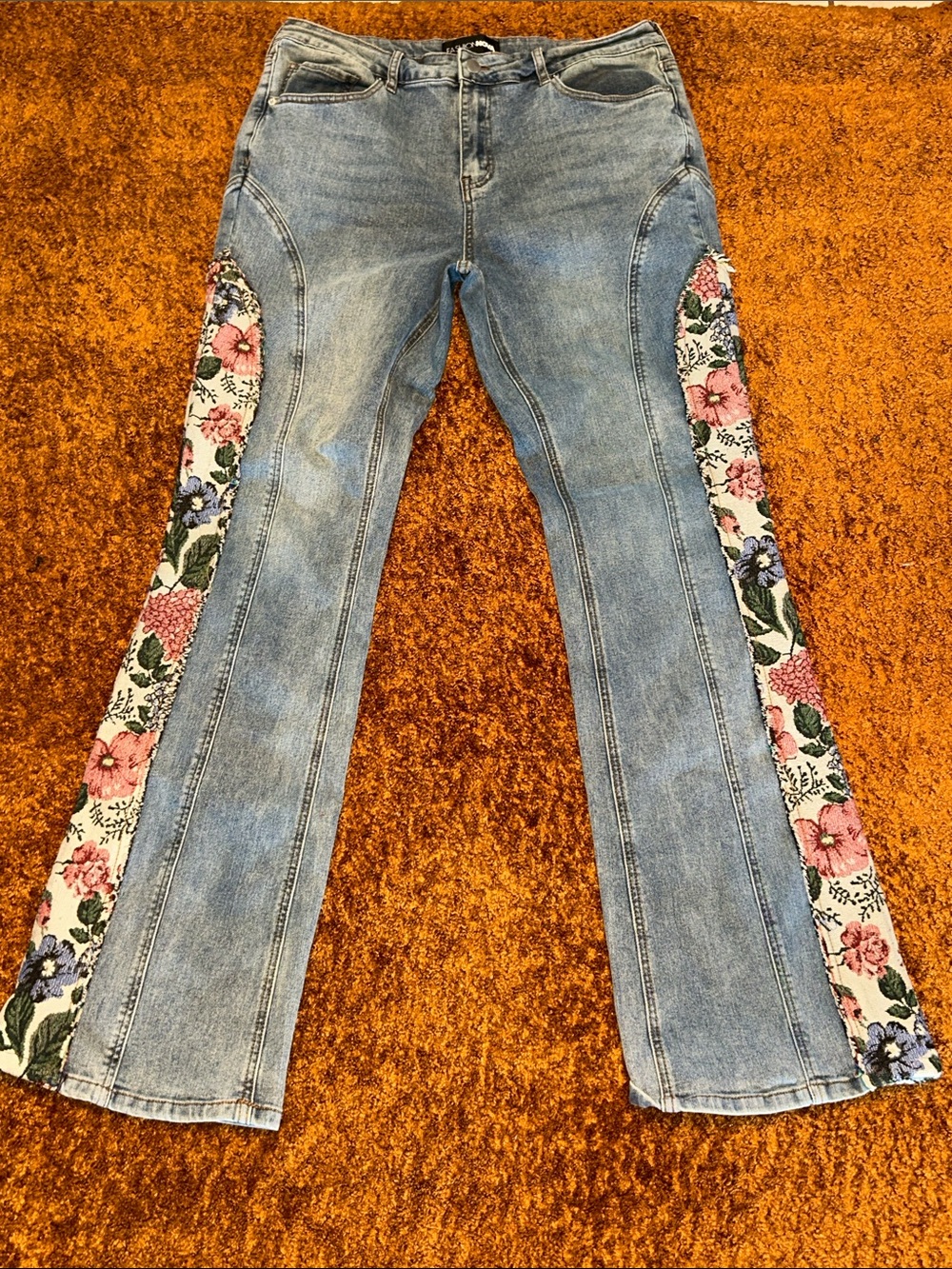 VINTAGE Fashion Nova Light Blue Flared Jeans with Pink Floral Side Panels